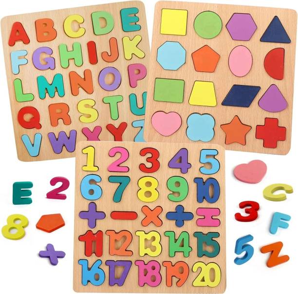 WEDELIGHT Wooden Alphabet, Number, Shapes Learning Educational Puzzle ABCD Toys for Kids