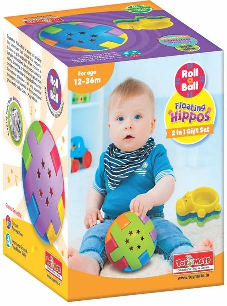 Toymate Roll-A-Ball Floating Hippo's - 2 in 1 GIft Set with Rattling Ball & Bath Hippo's