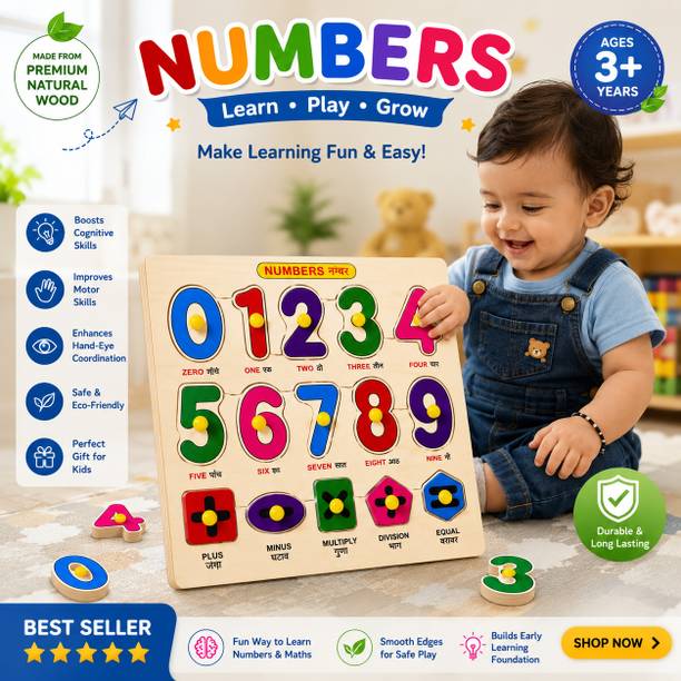 BOZICA Wooden 0–9 Number Knob Educational Learning Montessori Shape Puzzle Toddler Kids