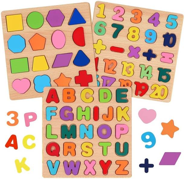 Piquant Wooden Puzzles for Educational Board Game ABCD Alphabets, Numbers & Shapes
