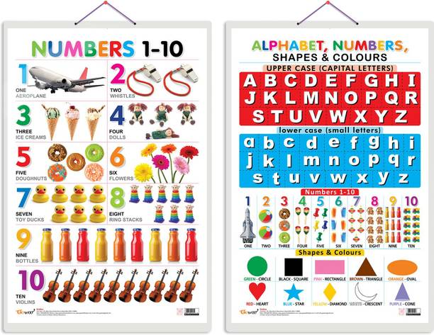 Set of 2 Numbers 1-10 and Alphabet, Numbers, Shapes & Colours Early Learning Educational Charts for Kids | 20"X30" inch |Non-Tearable and Waterproof | Double Sided Laminated | Perfect for Homeschooling, Kindergarten and Nursery Students Paper Print