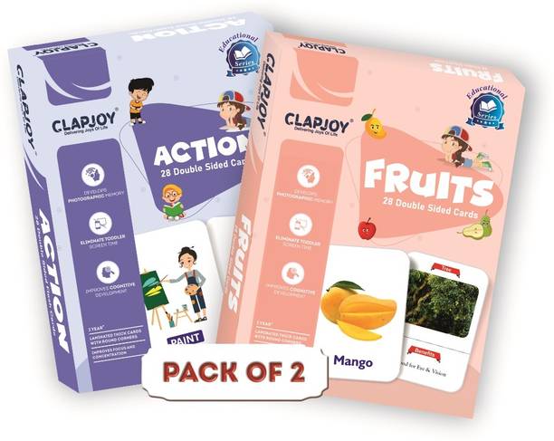 Clapjoy Action & Fruits Double Sided Flash Cards for Kids 2 year & above
