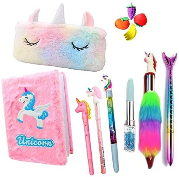 NSR Group Unicorn learning Collection-9pcs Diary/Pouch/Pen/Gel Pen/Pencil/eraser for kids
