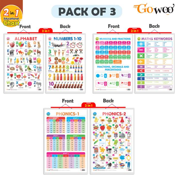 Set of 3 | 2 IN 1 ALPHABET AND NUMBER 1-10, 2 IN 1 NUMBER & FRACTIONS AND MATHS KEYWORDS and 2 IN 1 PHONICS 1 AND PHONICS 2 Early Learning Educational Charts for Kids | 20"X30" inch |Non-Tearable and Waterproof | Double Sided Laminated | Perfect for Homeschooling, Kindergarten and Nursery Students Paper Print