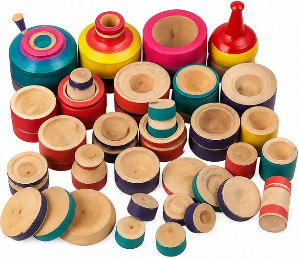 lokestore Eco Friendly Wooden Rural Kitchen Toy Set for Kids, Multi-Colour, Pack of 32
