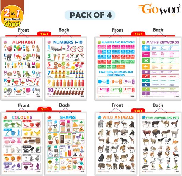 Set of 4 | 2 IN 1 ALPHABET AND NUMBER 1-10, 2 IN 1 NUMBER & FRACTIONS AND MATHS KEYWORDS, 2 IN 1 COLOURS AND SHAPES and 2 IN 1 WILD AND FARM ANIMALS & PETS Early Learning Educational Charts for Kids | 20"X30" inch |Non-Tearable and Waterproof | Double Sided Laminated | Perfect for Homeschooling, Kindergarten and Nursery Students Paper Print