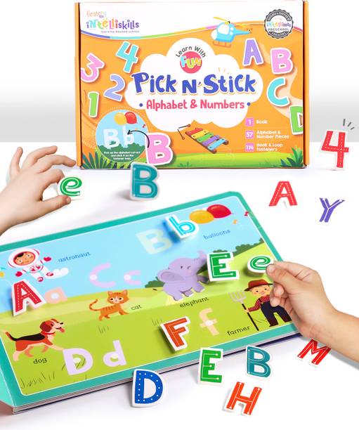 इंटेलीस्किल्स Pick N' Stick Alphabet & Numbers Montessori Activity Book with Reusable Stickers