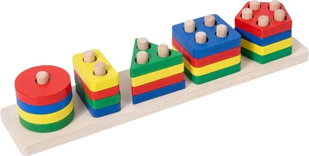 PRIMITOYS Wooden Geometric Shape Sorter Stacking Toy for Kids | Color & Shape Learning Toy