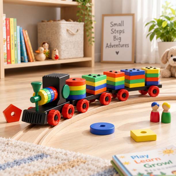 Amazely Geometric Train Blocks Shape Sorting & Colour Stacking Toys for Preschool Kids