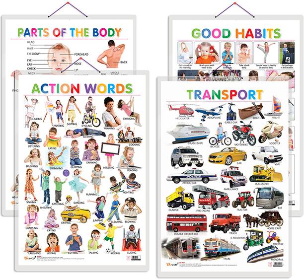 GO WOO Pack of 4 Parts of the Body, Good Habits, Action Words and Transport Charts