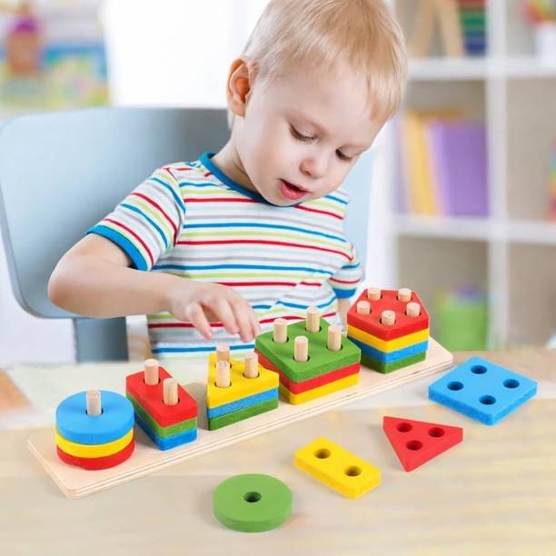 PLAYFULL Wooden Rectangle Montessori Stacker Unique Geometric Blocks Shape