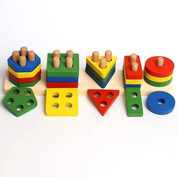 Pumpkin Toys Wooden Geometric Shapes Puzzles 5 Column Shapes and Colours Stacker