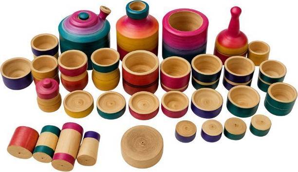 lokestore Eco Friendly Wooden Rural Kitchen Toy Set for Kids, Multi-Colour, Pack of 32