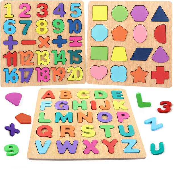 ZRIYOS Colorful Wooden Puzzle Set Featuring 3D Capital Alphabets, Numbers, and Shapes