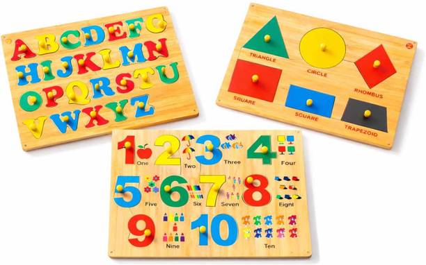 VSINDIA 3-in-1 Wooden Puzzle Set for Kids – Alphabet, Numbers & Shapes Learning Toys
