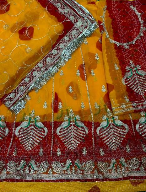 Bandhani, Embroidered, Embellished Semi Stitched Lehenga Choli Price in India
