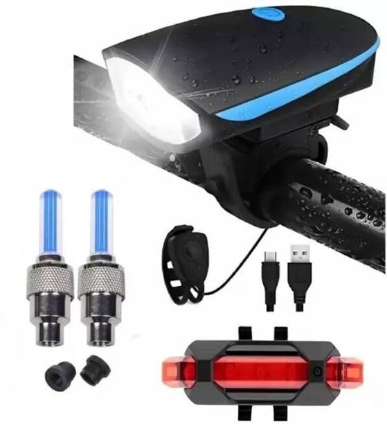GJSHOP Rechargeable Premium Cycle Front, Rear & Valve Light and with Horn Waterproof LED Front Rear Light Combo