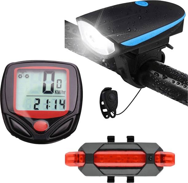 शॉपइलेवन Bicycle Headlight and Horn, Red Taillight, Speedometer Odometer (Combo) LED फ्रंट रियर लाइट कॉम्बो