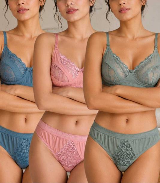 Olsia Bra & Panty Set Self Design Green, Pink, Blue Lingerie Set