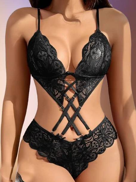 Bhakti Marketing Babydoll Self Design Black Lingerie Set
