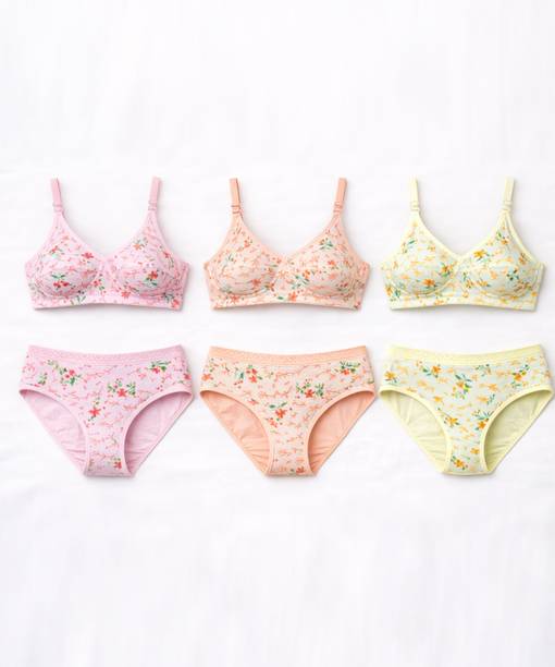 Bra & Panty Set Floral Print Pink, Yellow, Beige Lingerie Set