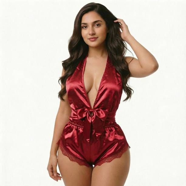 Maroon Babydoll Set Self Design, Embroidered Lingerie