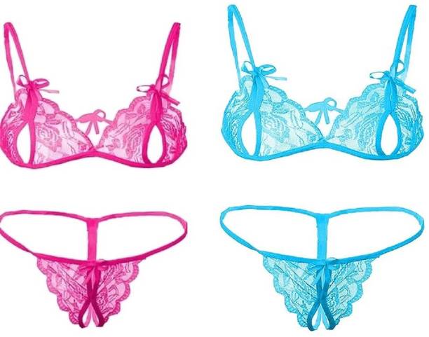 Bra & Panty Set Self Design Pink, Light Blue Lingerie Set