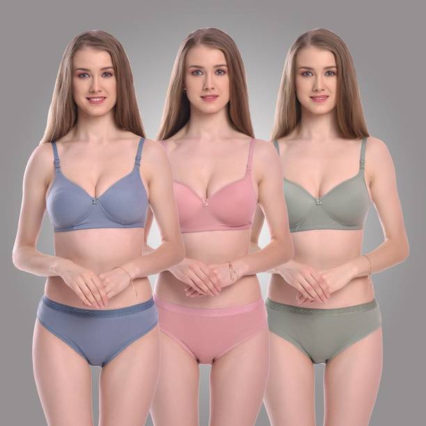 Bra & Panty Set Solid Pink, Light Blue, Light Green Lingerie Set
