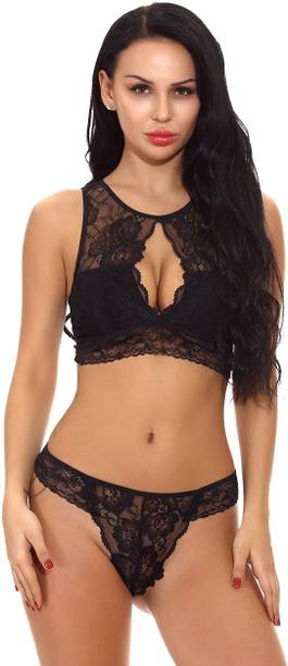 Heartloom Bra & Panty Self Design Black Lingerie Set