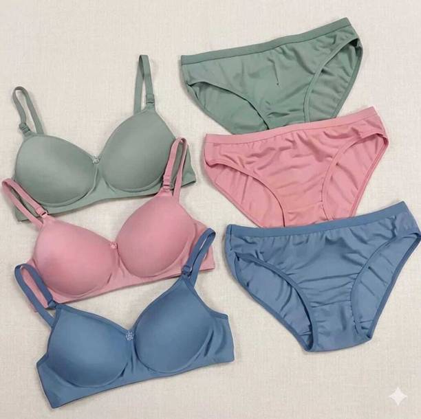 Bra & Panty Set Solid Blue, Green, Pink Lingerie Set