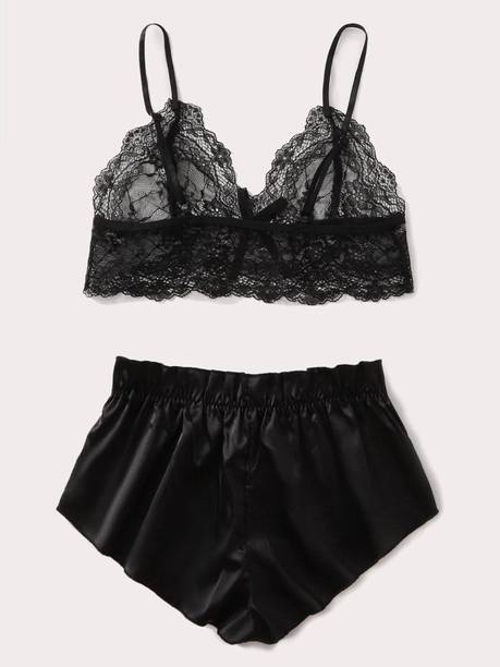 Boosah Bra & Panty Set Self Design Black Lingerie Set