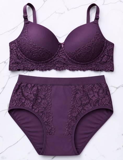 Quixy Self Design Purple Bra & Panty Lingerie Set