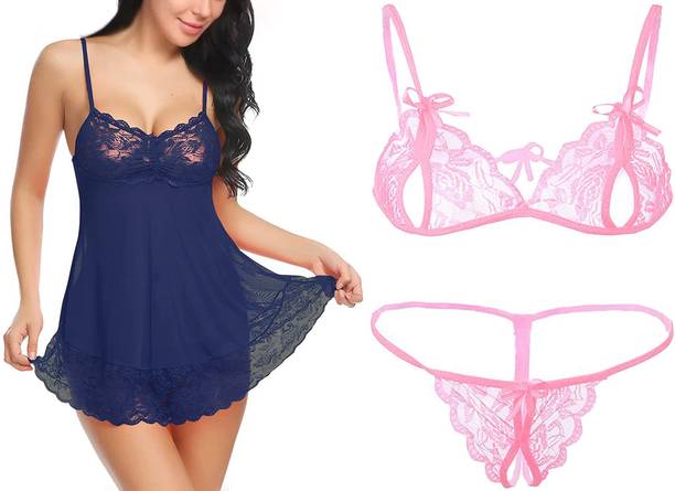Net Bra Panty Set Combo babydoll lingerie set sexy for honeymoon Babydoll Set Self Design Blue, Pink Lingerie Set