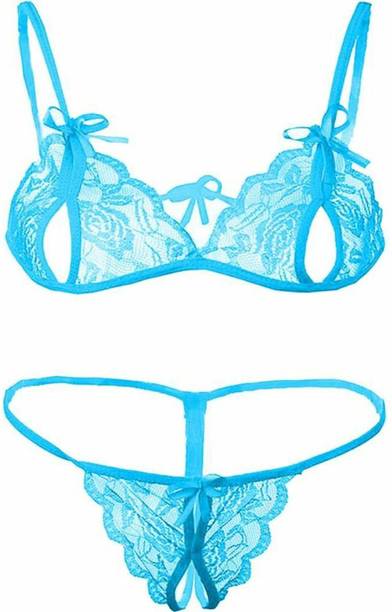 Bra & Panty Set Self Design Light Blue Lingerie Set