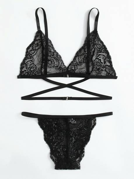 Boosah Bra & Panty Set Self Design Black Lingerie