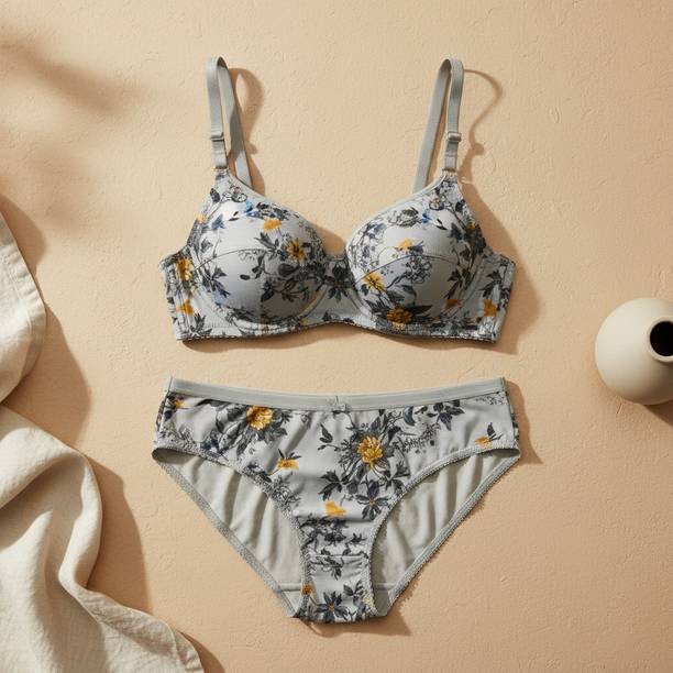 Bra & Panty Set Floral Print, Printed Grey Lingerie Set
