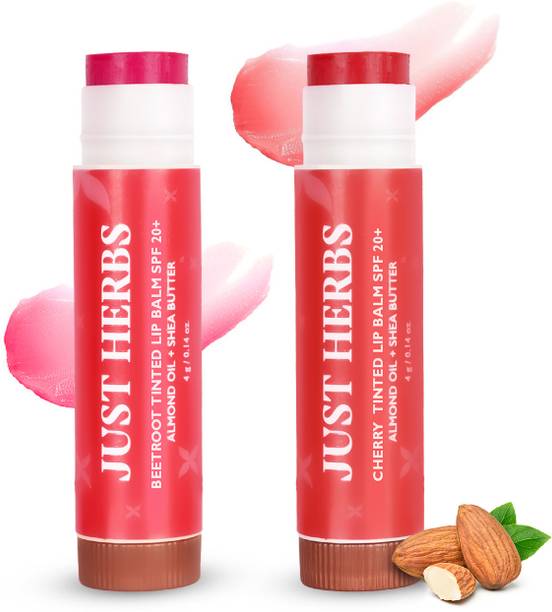 जस्ट हर्ब्स Tinted Lip Balms SPF 20+ Pack of 2 | Soft, Pink Lips | Beetroot & Cherry