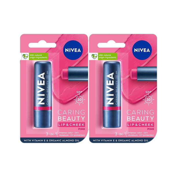 NIVEA Lip Caring Beauty Pink Lip Balm, Lip & Cheek Tint with SPF 30 (Pack of 2, 9.6 g) Pink Pack of: 2, 9.6 g