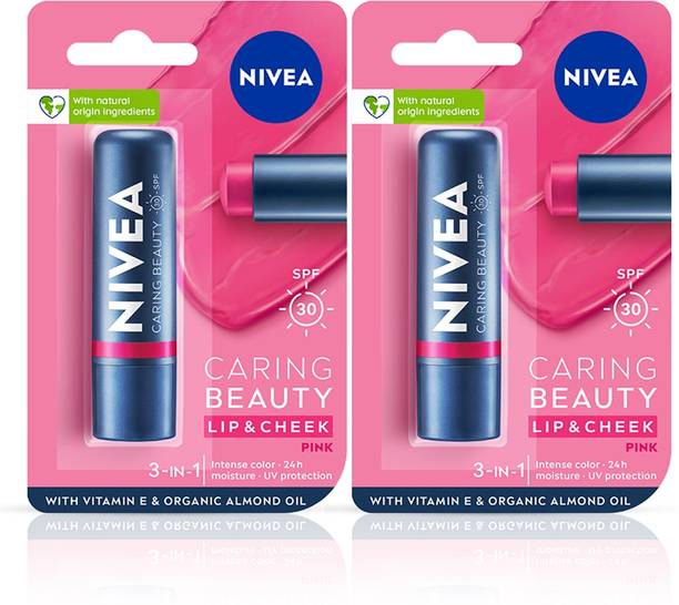 NIVEA Lip Caring Beauty Pink Lip Balm, Lip & Cheek Tint with SPF 30 (Pack of 2, 9.6 g) Pink (Pack of: 2, 9.6 g)