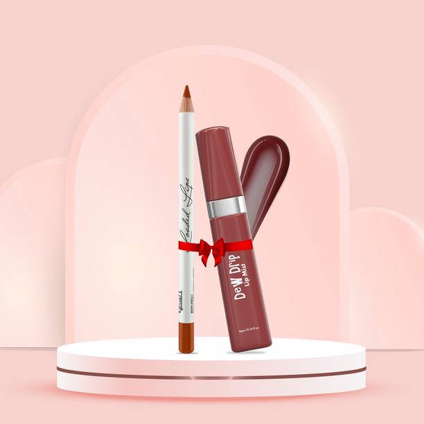 Glam21 Dew Drip LipMist LipGloss & LipLiner Combo with Hyaluronic Acid Almond Oil Brown Beauty, Brown Bob