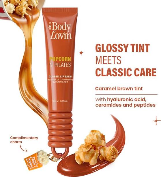 Plum BodyLovin' Popcorn N' Pilates Glassic Lip Balm | Caramel Brown Gloss Tint Caramel Popcorn