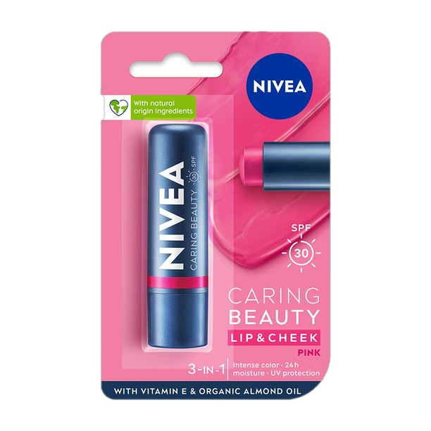 NIVEA Lip Caring Beauty Pink Lip Balm | Lip & Cheek Tint with SPF 30 Pink Pack of: 1, 4.8 g