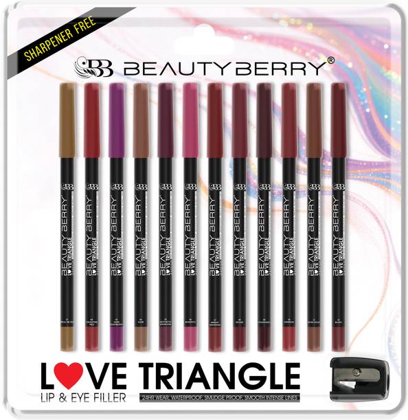 beauty berry Love Triangle Lip & Eye Filler Lip Liner Pencil Combo Set of 12 & Sharpener Free