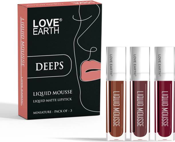 LOVE EARTH Liquid Mousse Lipstick Deeps Matte Finish Mini Pack of 3, Waterproof Lipstick