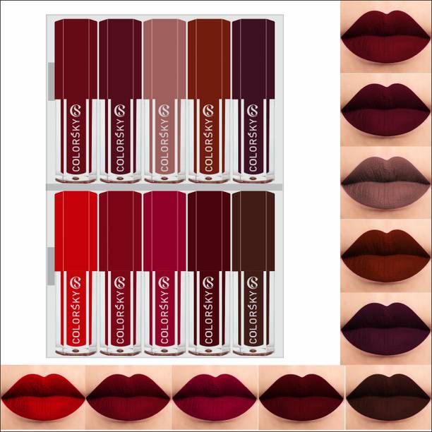 Color Sky Perfect Stay Smudge-proof Liquid Matte Lipstick Combo Pack of 10 (2ml Each)