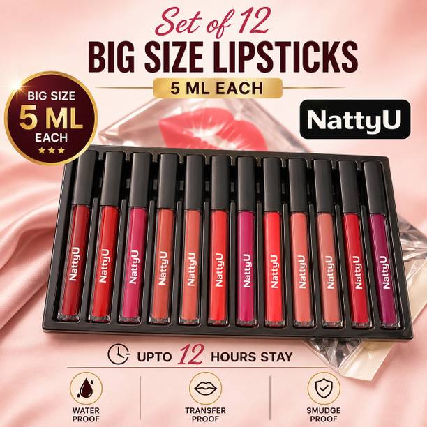 NattyU Beauty Waterproof Matte Lipsticks Set Of 12 - Long Lasting - 12 Different Shades