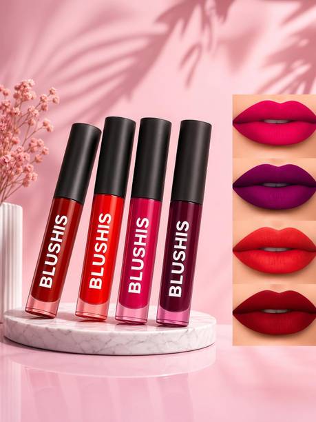 BLUSHIS Non Transfer Insta Beauty Waterproof Longlast SensationaL Liquid Matte Mini Lipstick Combo Pack Of 4 Red ,Purple Maroon and Magenta Colour Shade