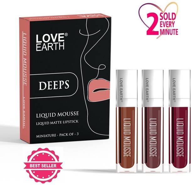 LOVE EARTH Liquid Mousse Lipstick Deeps Matte Finish Mini Pack of 3, Waterproof Lipstick