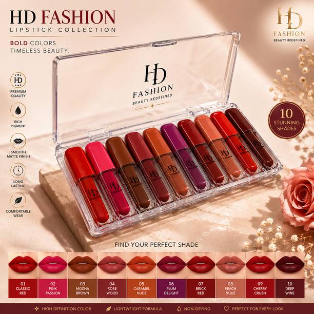HD Fashion 10 Pcs Intense Creamy Matte Lipstick for Women - Non Transfer , Smooth Finish