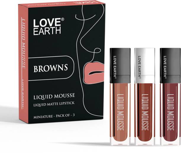 LOVE EARTH Liquid Mousse Lipstick Browns Matte Finish Mini Pack of 3, Waterproof Lipstick